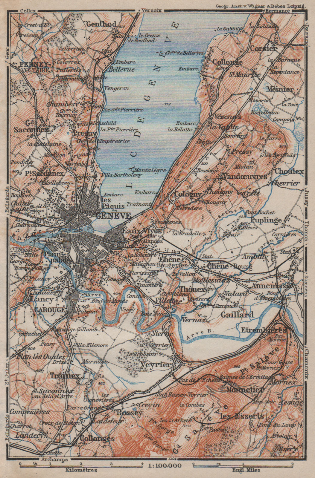 GENEVA GENÈVE GENF ENVIRONS. Switzerland Suisse Schweiz carte karte 1905 map